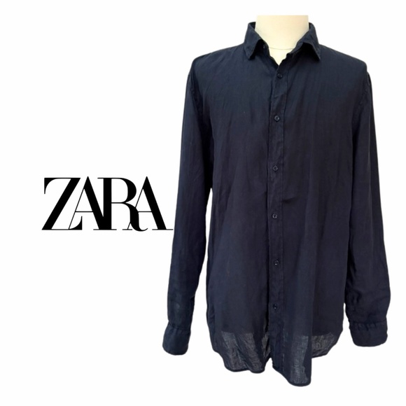 ZARA | Men’s Dark Navy 100% Linen Shirt – Size XL - Picture 1 of 9